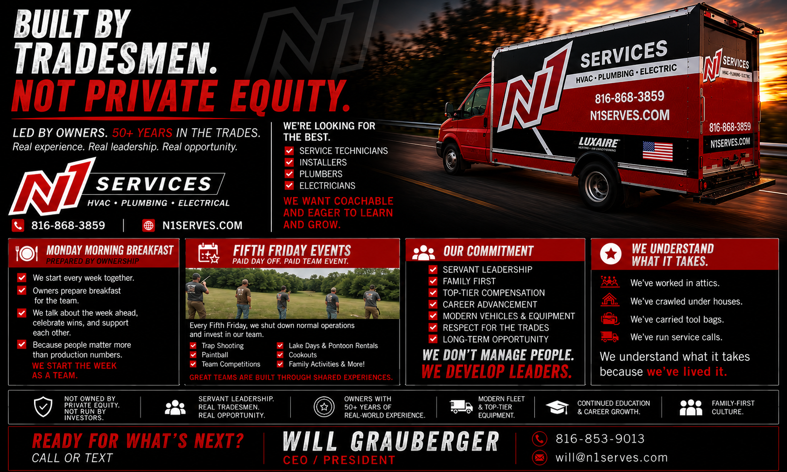 N1 Services careers — Built by Tradesmen, Not Private Equity. Hiring service technicians, installers, plumbers, and electricians.